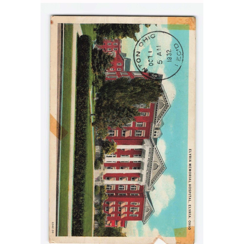 Vintage Elyria Memorial Hospital Ohio Postcard 1932 Special Delivery Stamp